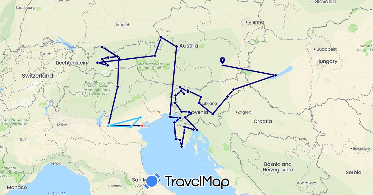 TravelMap itinerary: driving, hiking, boat in Austria, Germany, Croatia, Hungary, Italy, Slovenia (Europe)